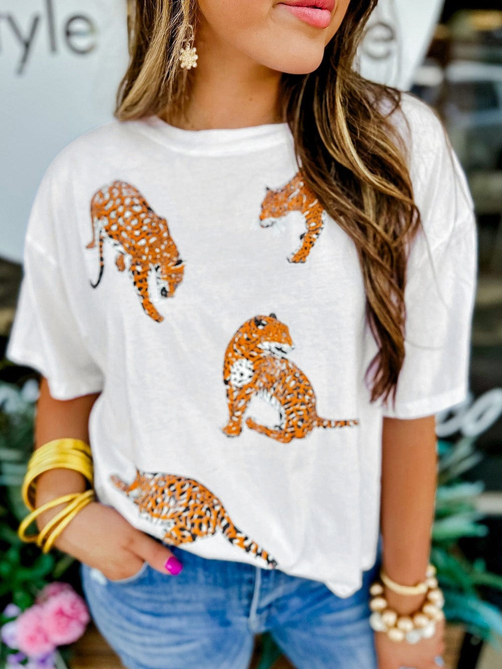 White Leopard Print Drop Shoulder Casual Tee with Round Neck