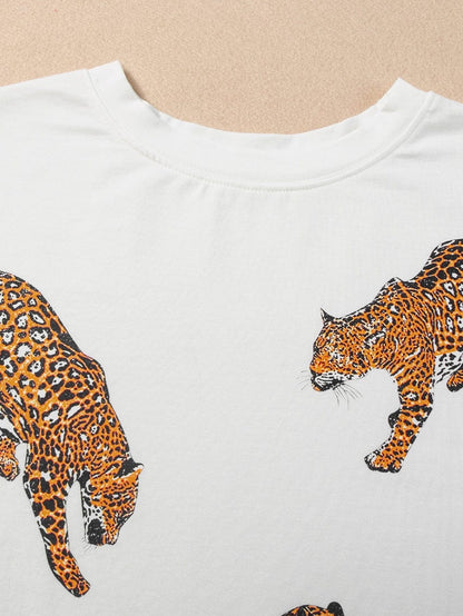 White Leopard Print Drop Shoulder Casual Tee with Round Neck