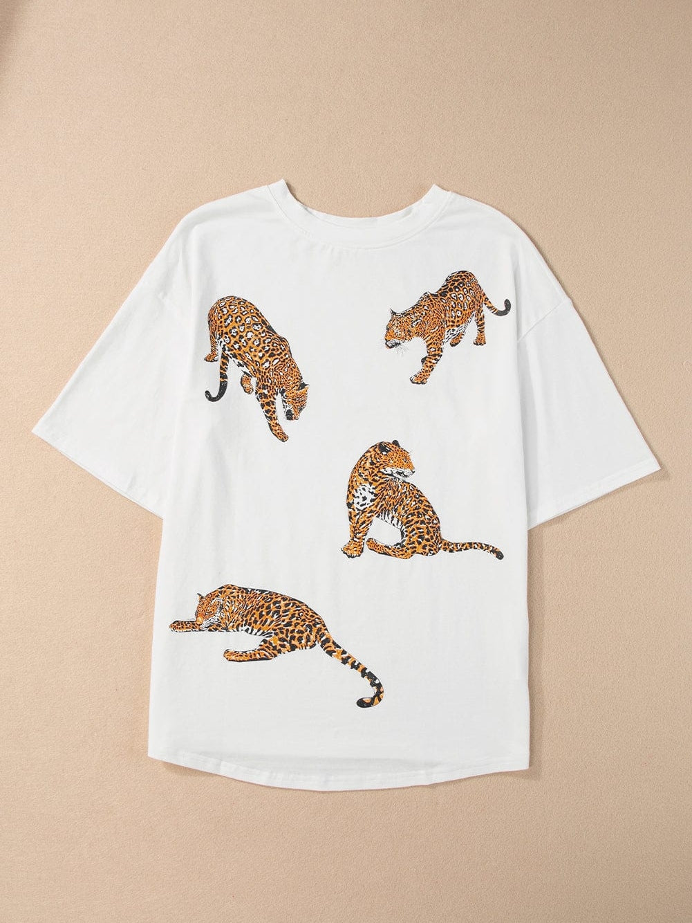White Leopard Print Drop Shoulder Casual Tee with Round Neck