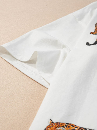 White Leopard Print Drop Shoulder Casual Tee with Round Neck