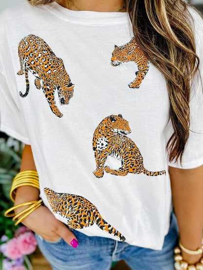White Leopard Print Drop Shoulder Casual Tee with Round Neck