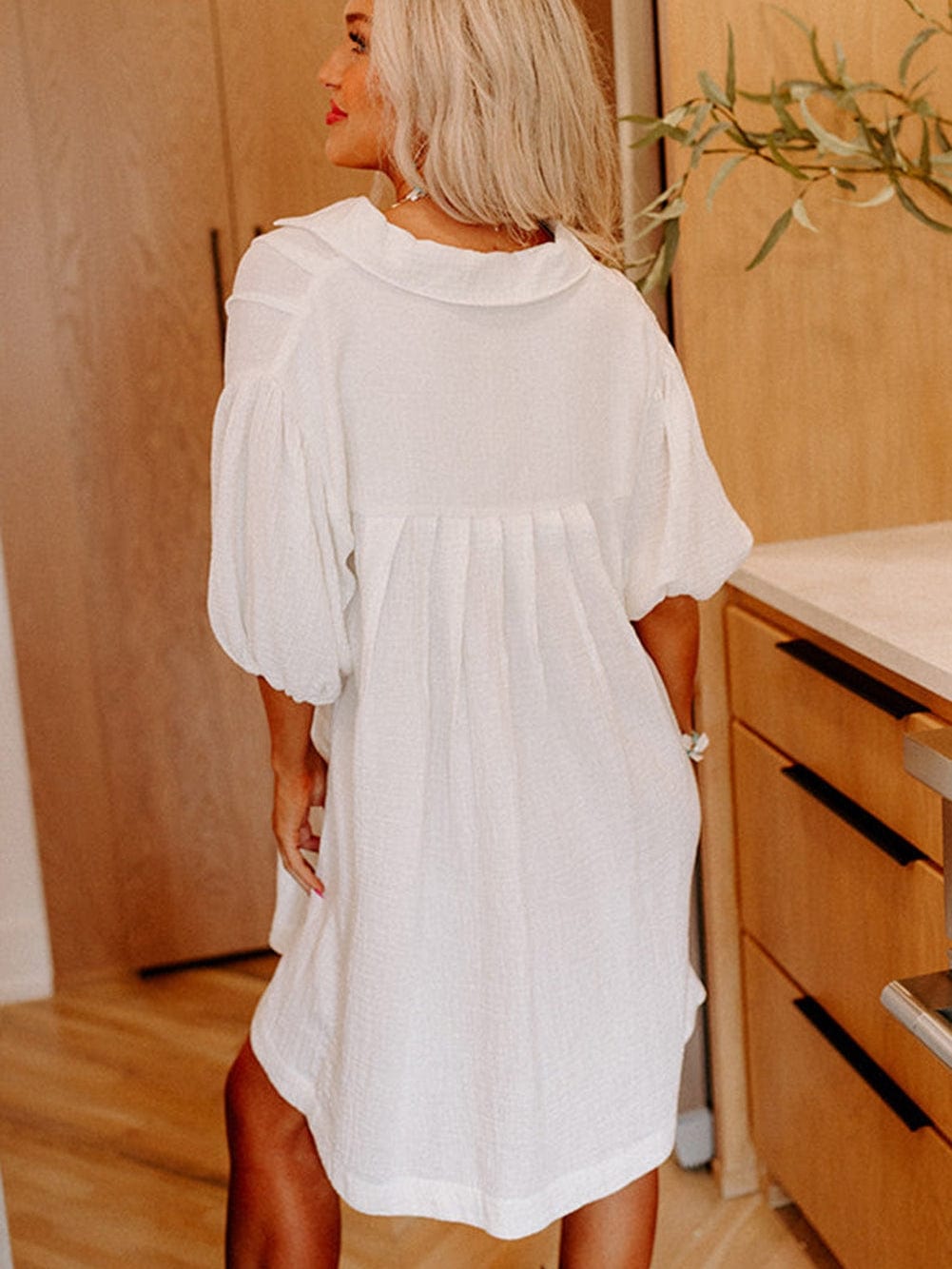 White Mini Shirt Dress with Half Puff Sleeves
