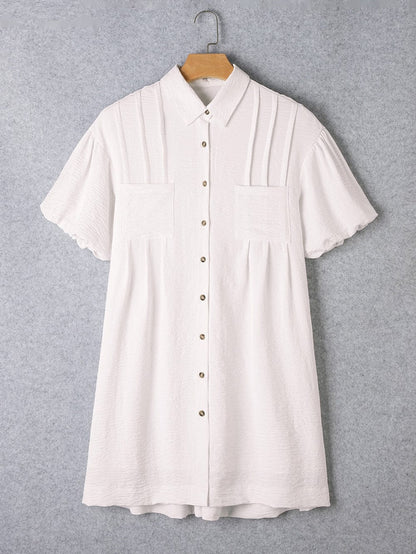 White Mini Shirt Dress with Half Puff Sleeves