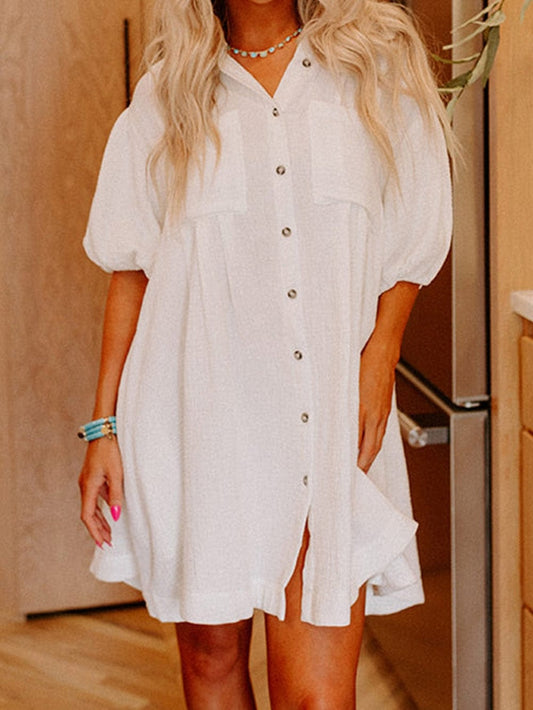 White Mini Shirt Dress with Half Puff Sleeves