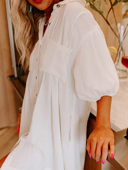 White Mini Shirt Dress with Half Puff Sleeves