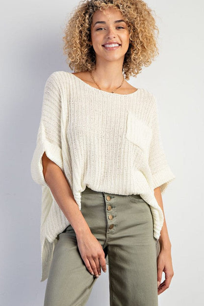 White Oversized Knit Tee with Pocket and Side Slits