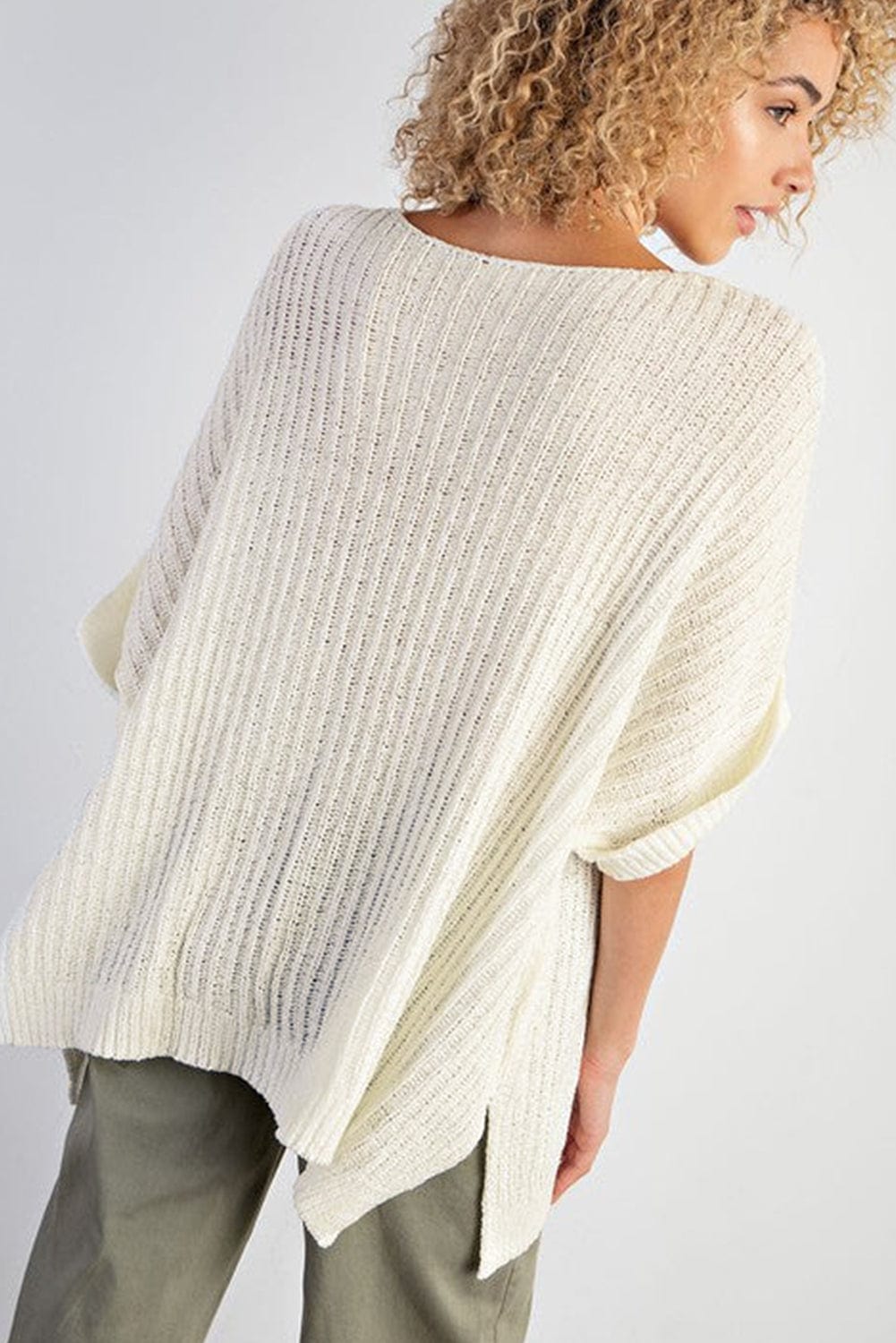 White Oversized Knit Tee with Pocket and Side Slits