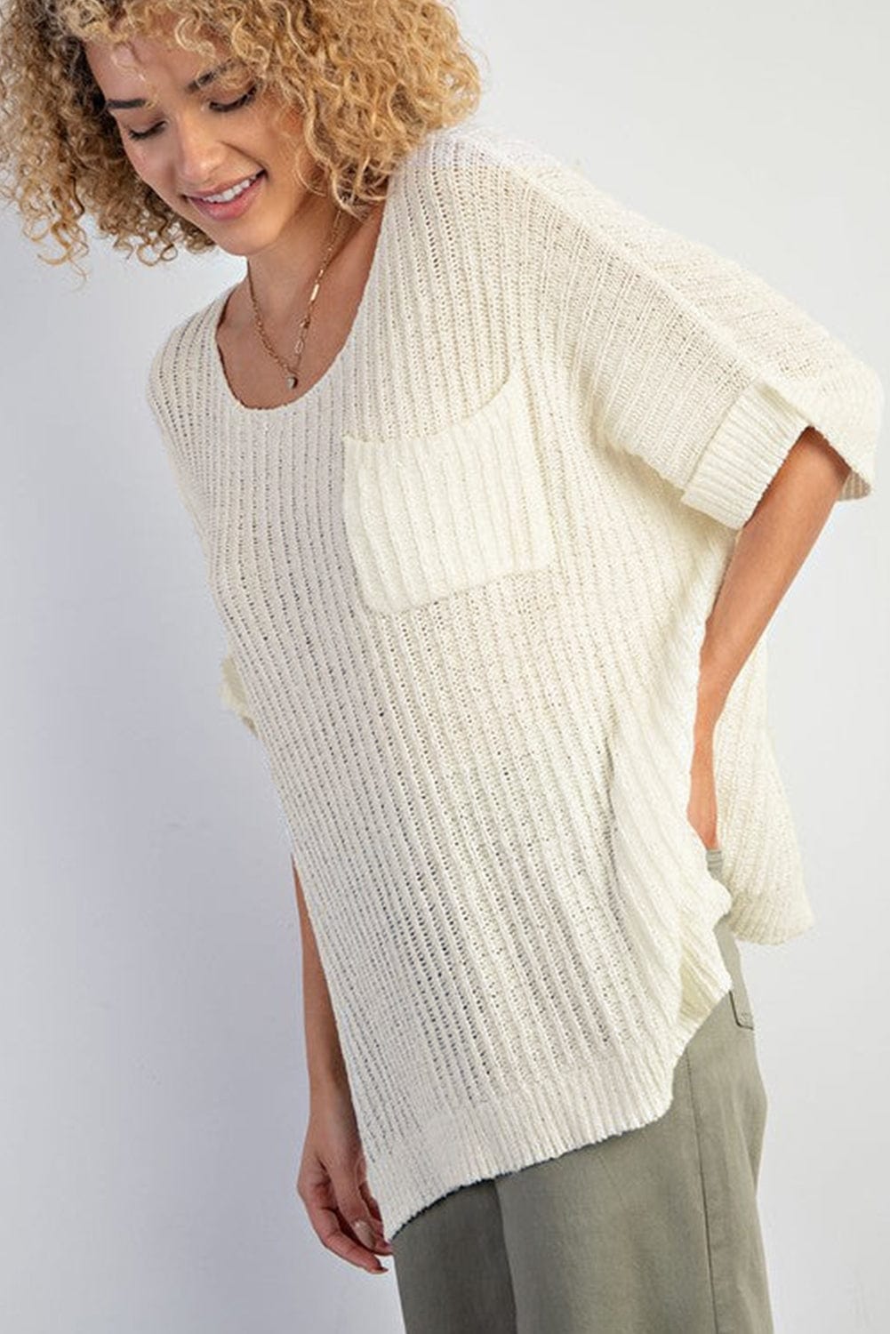 White Oversized Knit Tee with Pocket and Side Slits
