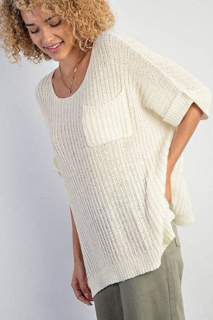 White Oversized Knit Tee with Pocket and Side Slits