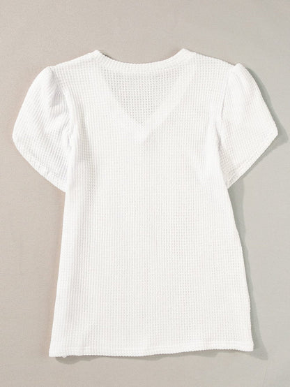 White Petal Sleeve Waffle Knit T-Shirt with V Neck