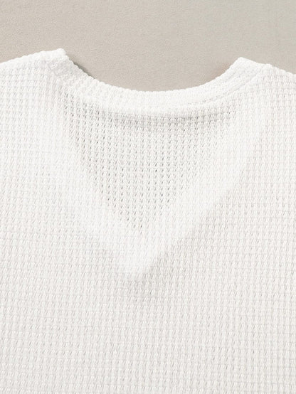 White Petal Sleeve Waffle Knit T-Shirt with V Neck