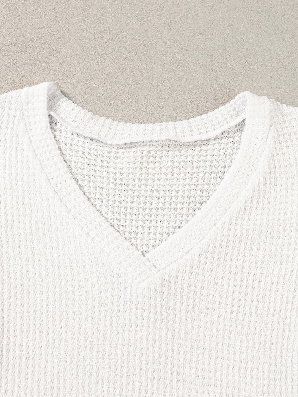 White Petal Sleeve Waffle Knit T-Shirt with V Neck