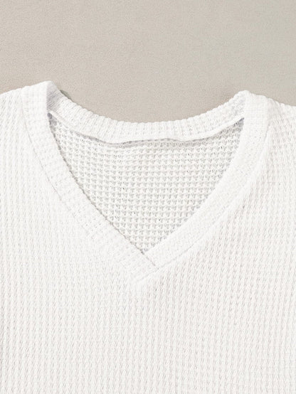 White Petal Sleeve Waffle Knit T-Shirt with V Neck