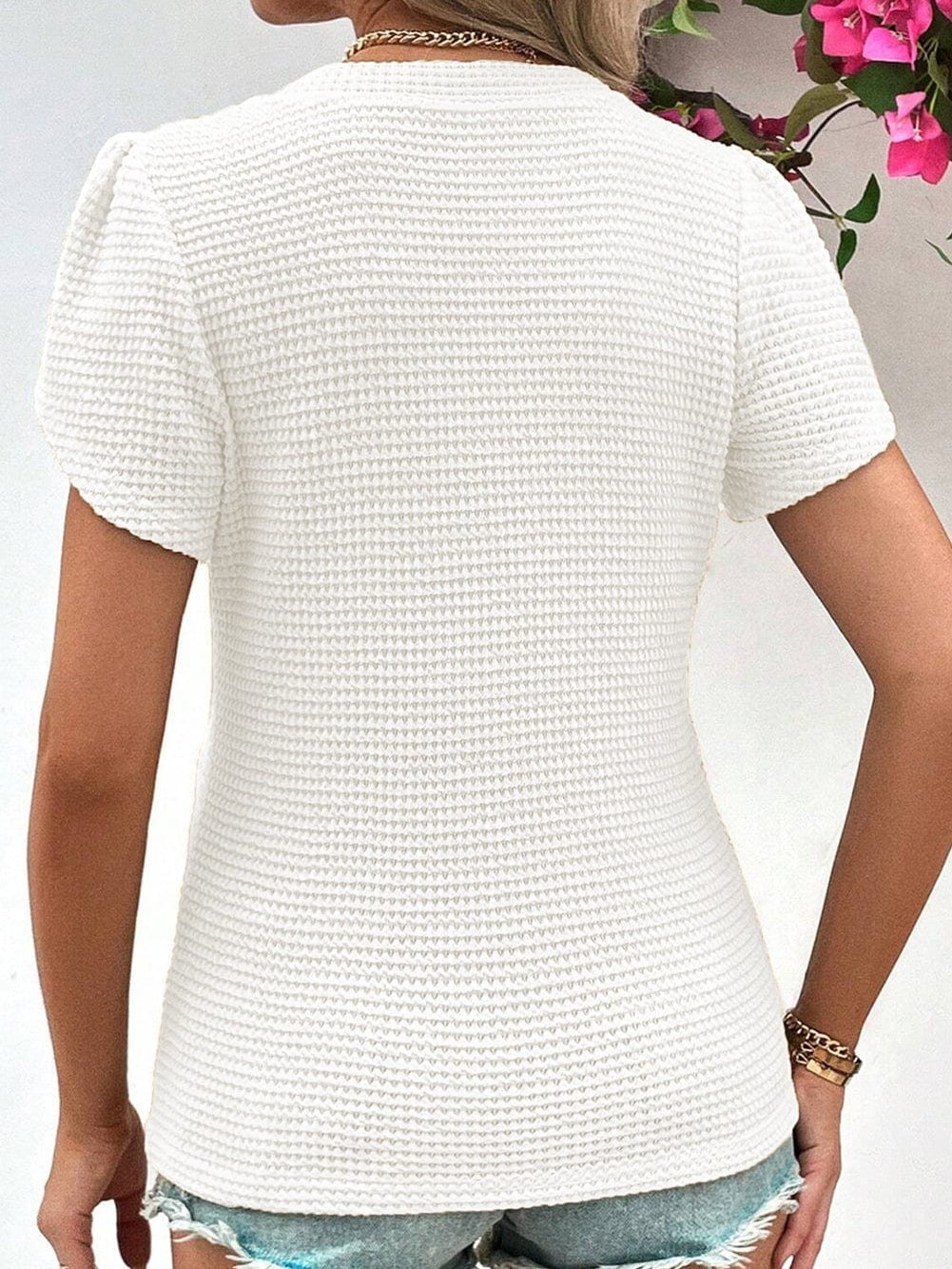 White Petal Sleeve Waffle Knit T-Shirt with V Neck