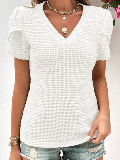 White Petal Sleeve Waffle Knit T-Shirt with V Neck
