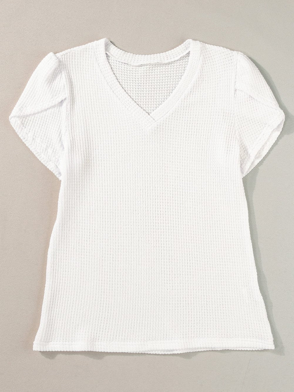 White Petal Sleeve Waffle Knit T-Shirt with V Neck