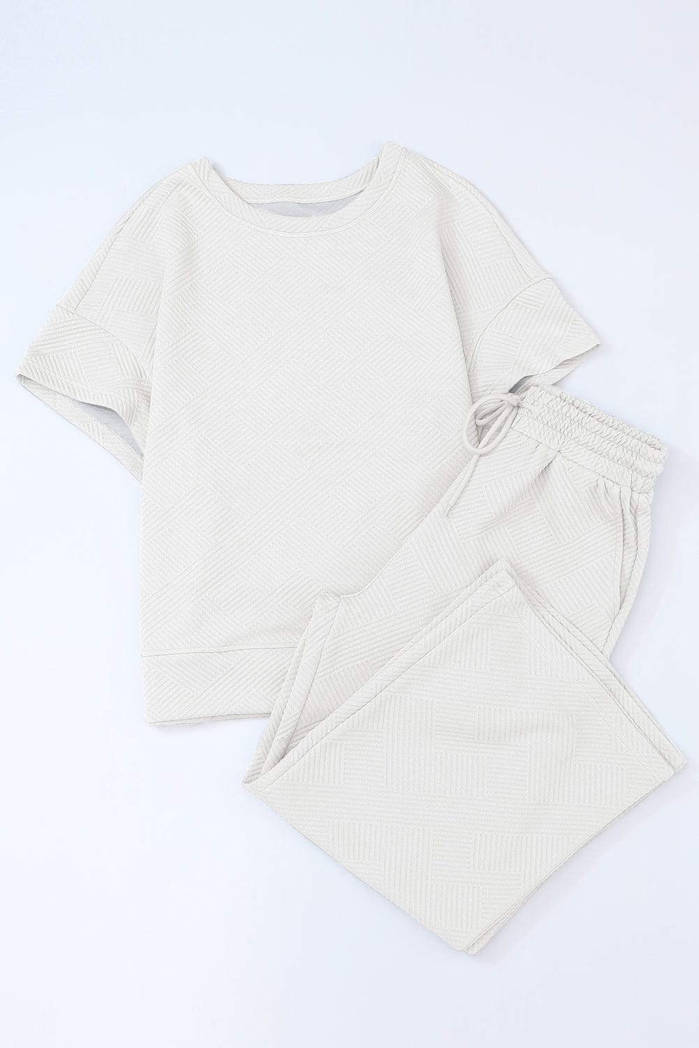 White Ribbed Casual Two Piece Set with Loose Fit T-Shirt and Drawstring Pants
