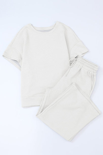 White Ribbed Casual Two Piece Set with Loose Fit T-Shirt and Drawstring Pants