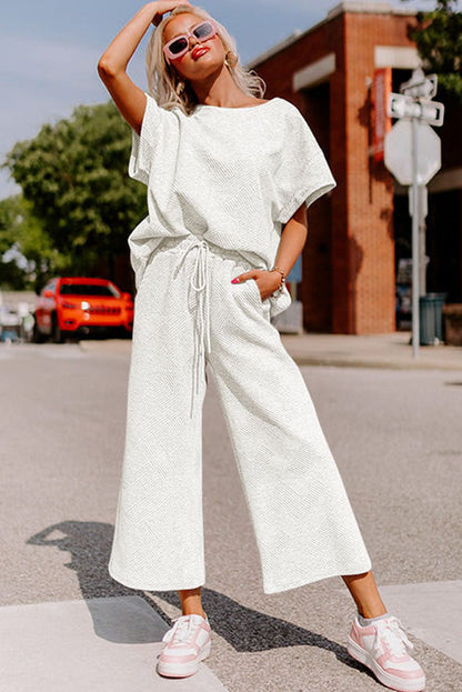 White Ribbed Casual Two Piece Set with Loose Fit T-Shirt and Drawstring Pants