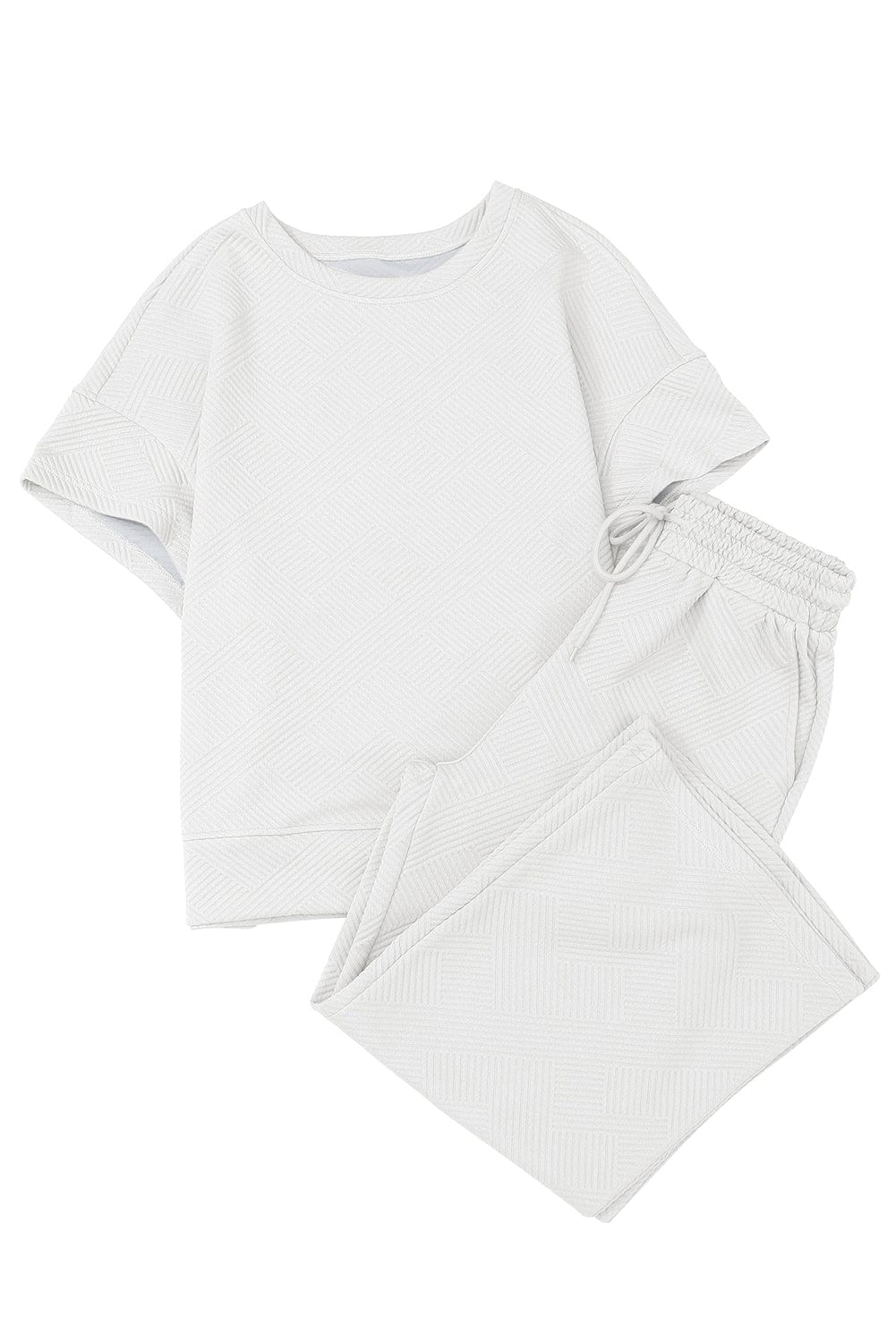 White Ribbed Casual Two Piece Set with Loose Fit T-Shirt and Drawstring Pants