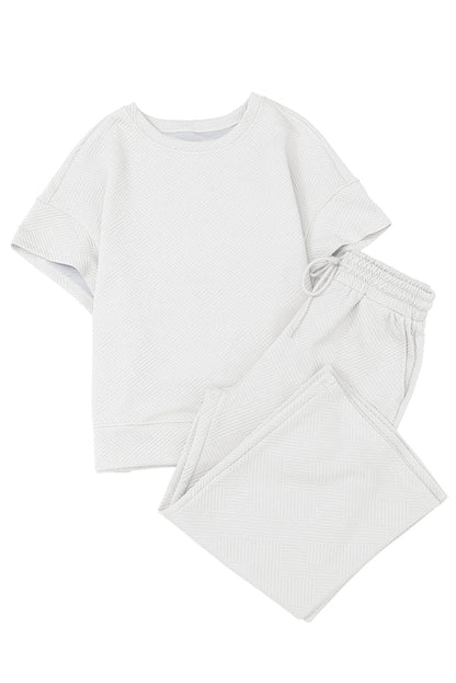 White Ribbed Casual Two Piece Set with Loose Fit T-Shirt and Drawstring Pants