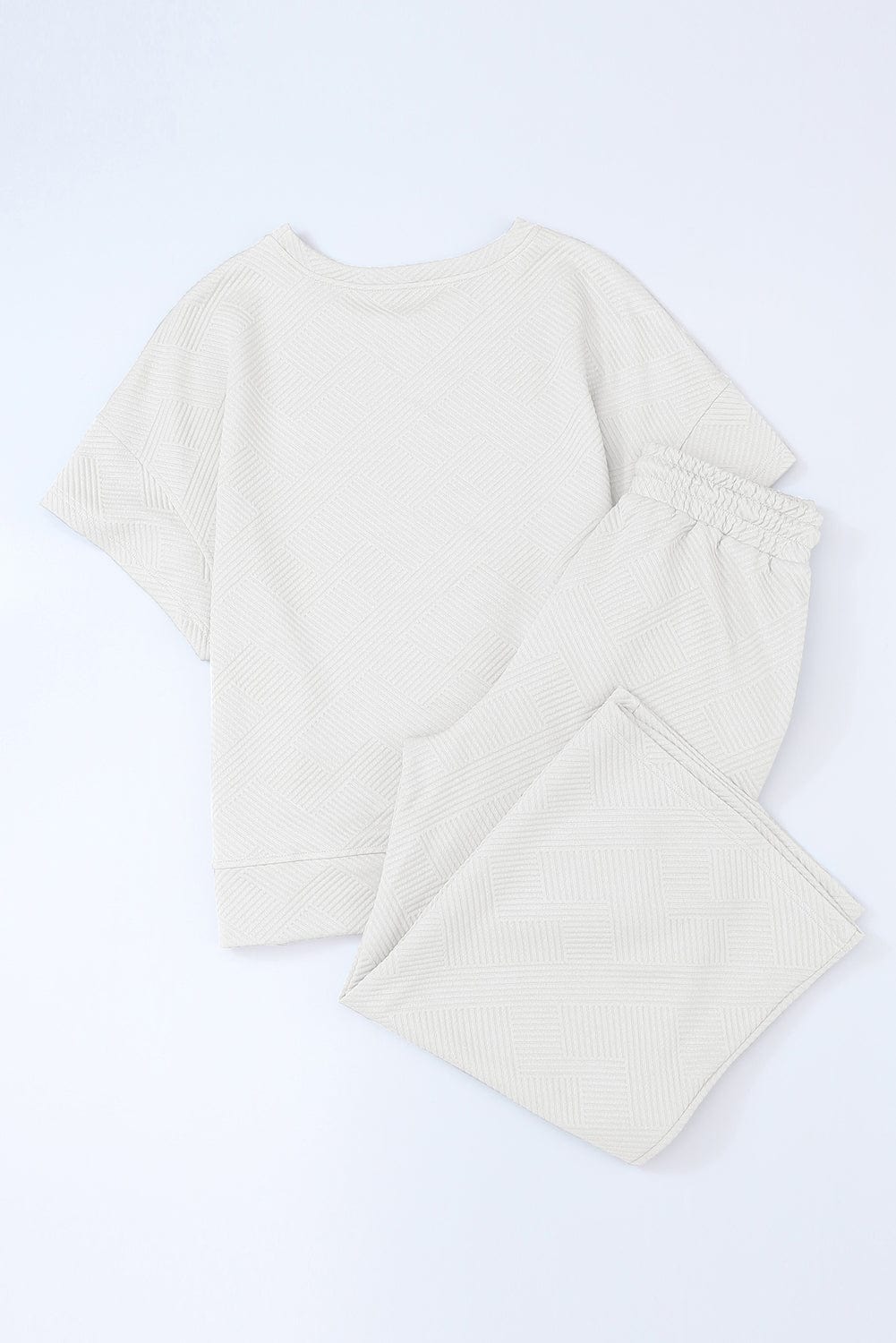 White Ribbed Casual Two Piece Set with Loose Fit T-Shirt and Drawstring Pants