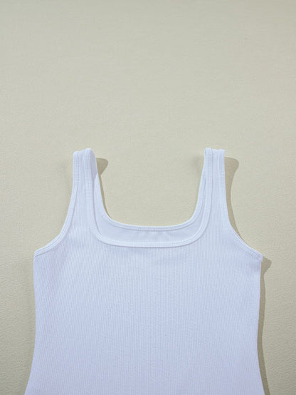 White Ribbed Knit Sleeveless Bodysuit with Square Neck