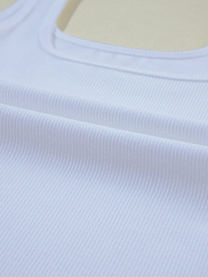 White Ribbed Knit Sleeveless Bodysuit with Square Neck