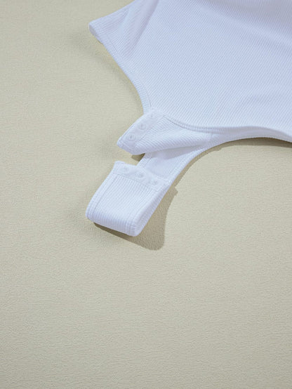 White Ribbed Knit Sleeveless Bodysuit with Square Neck