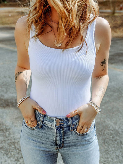 White Ribbed Knit Sleeveless Bodysuit with Square Neck
