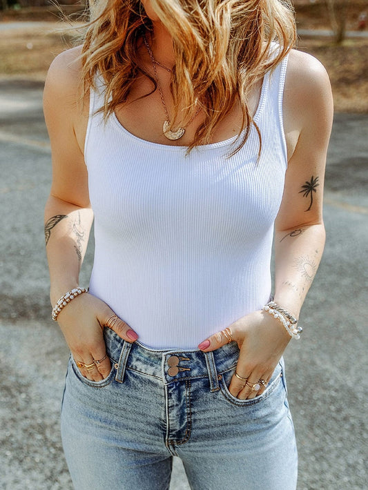 White Ribbed Knit Sleeveless Bodysuit with Square Neck