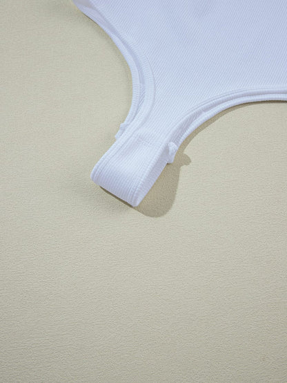 White Ribbed Knit Sleeveless Bodysuit with Square Neck