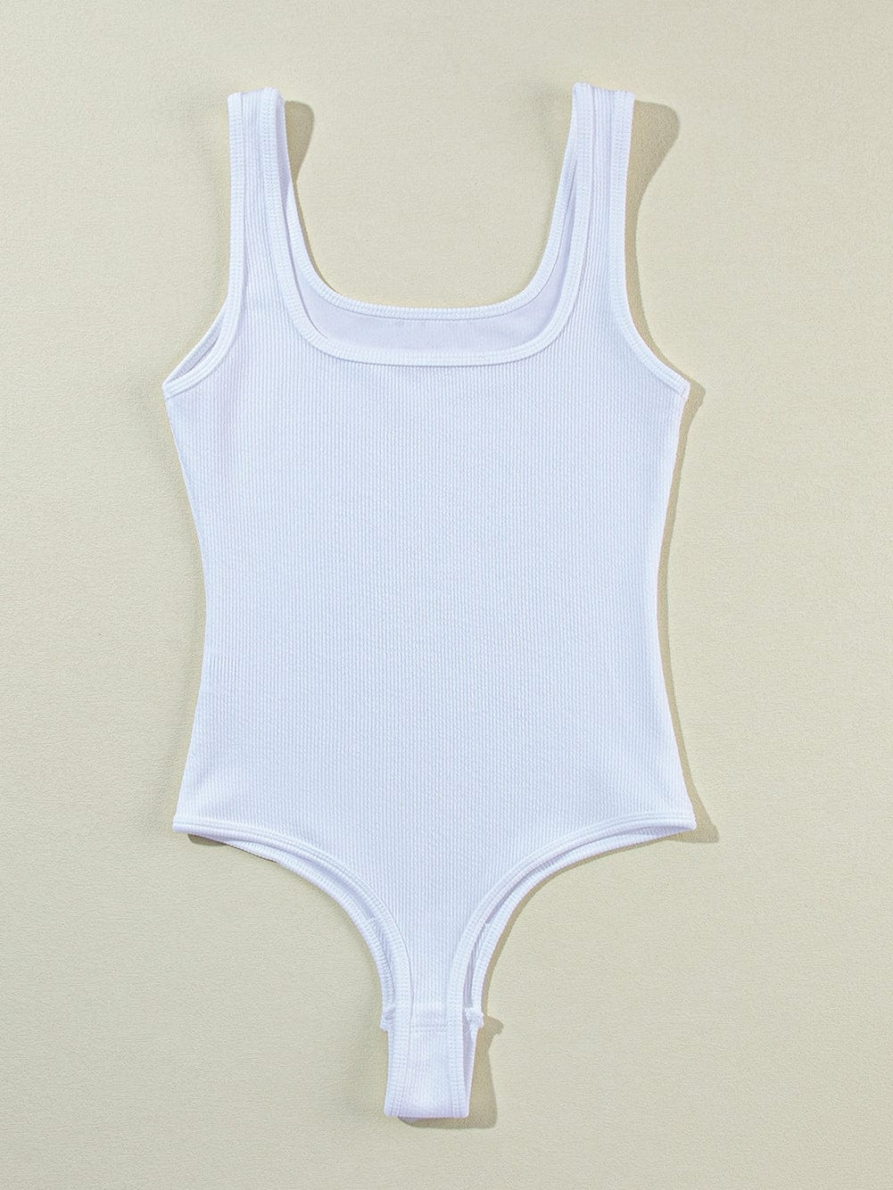 White Ribbed Knit Sleeveless Bodysuit with Square Neck