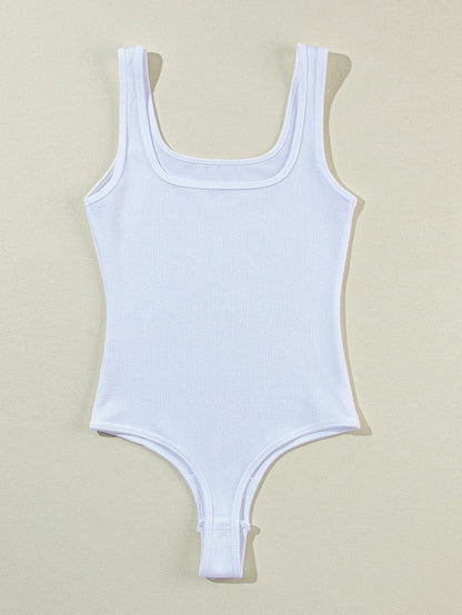 White Ribbed Knit Sleeveless Bodysuit with Square Neck