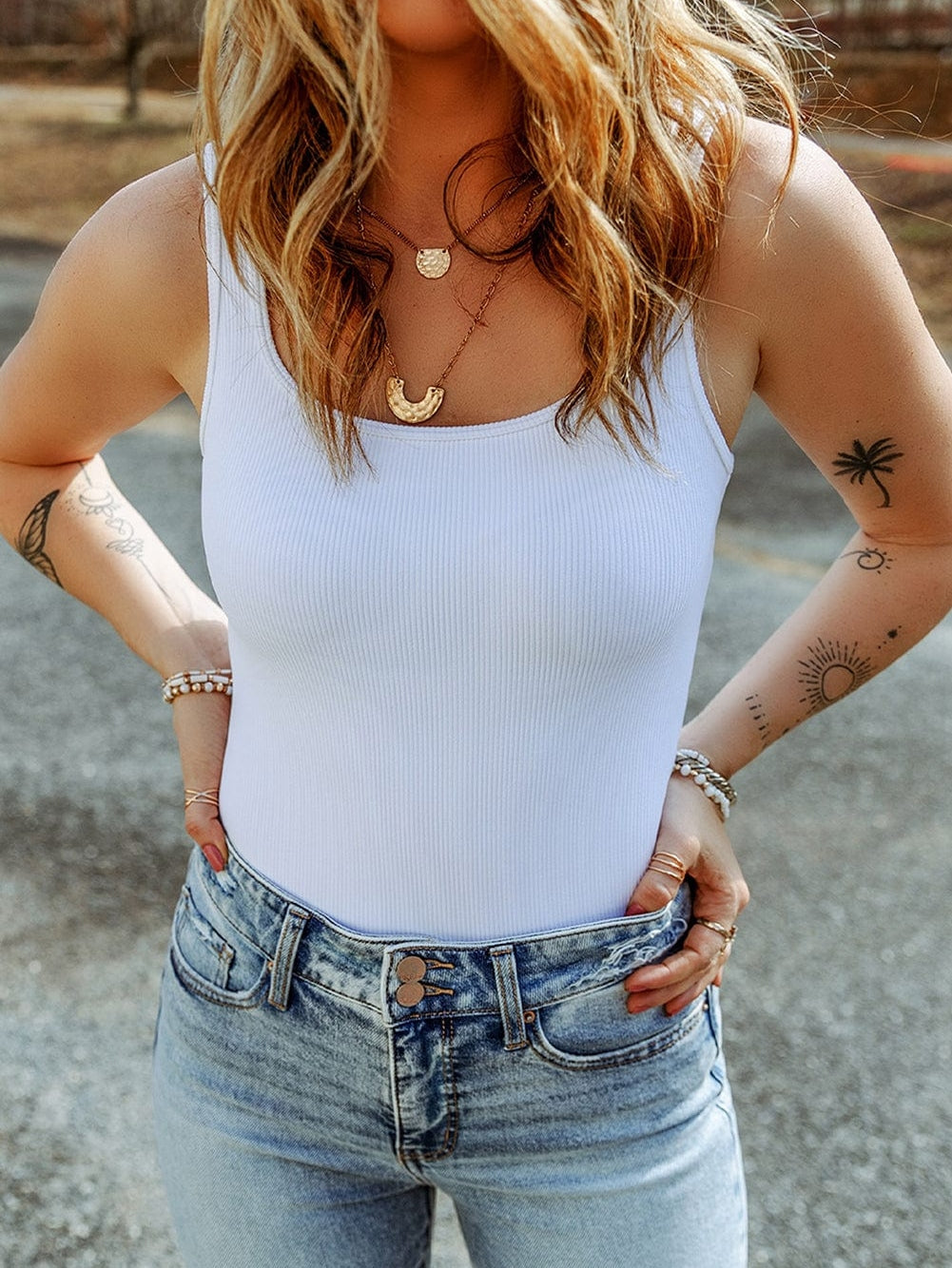 White Ribbed Knit Sleeveless Bodysuit with Square Neck