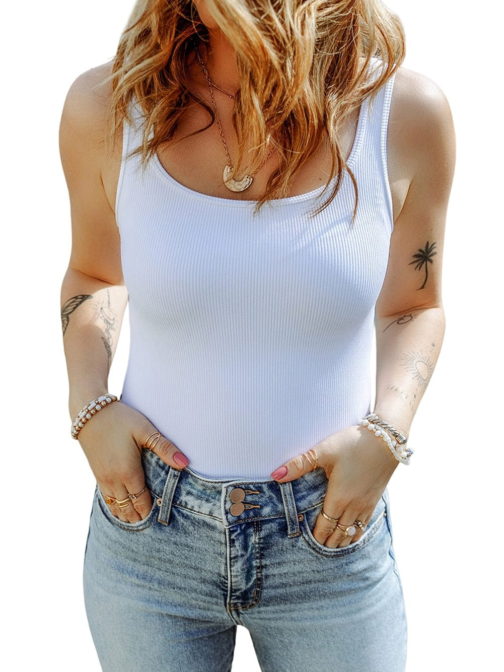 White Ribbed Knit Sleeveless Bodysuit with Square Neck