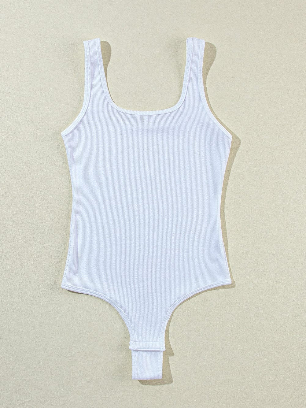 White Ribbed Knit Sleeveless Bodysuit with Square Neck