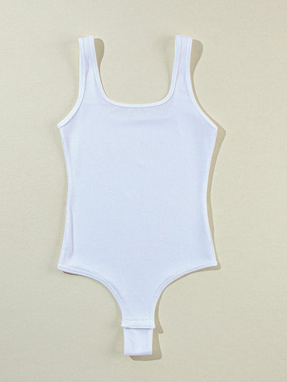 White Ribbed Knit Sleeveless Bodysuit with Square Neck