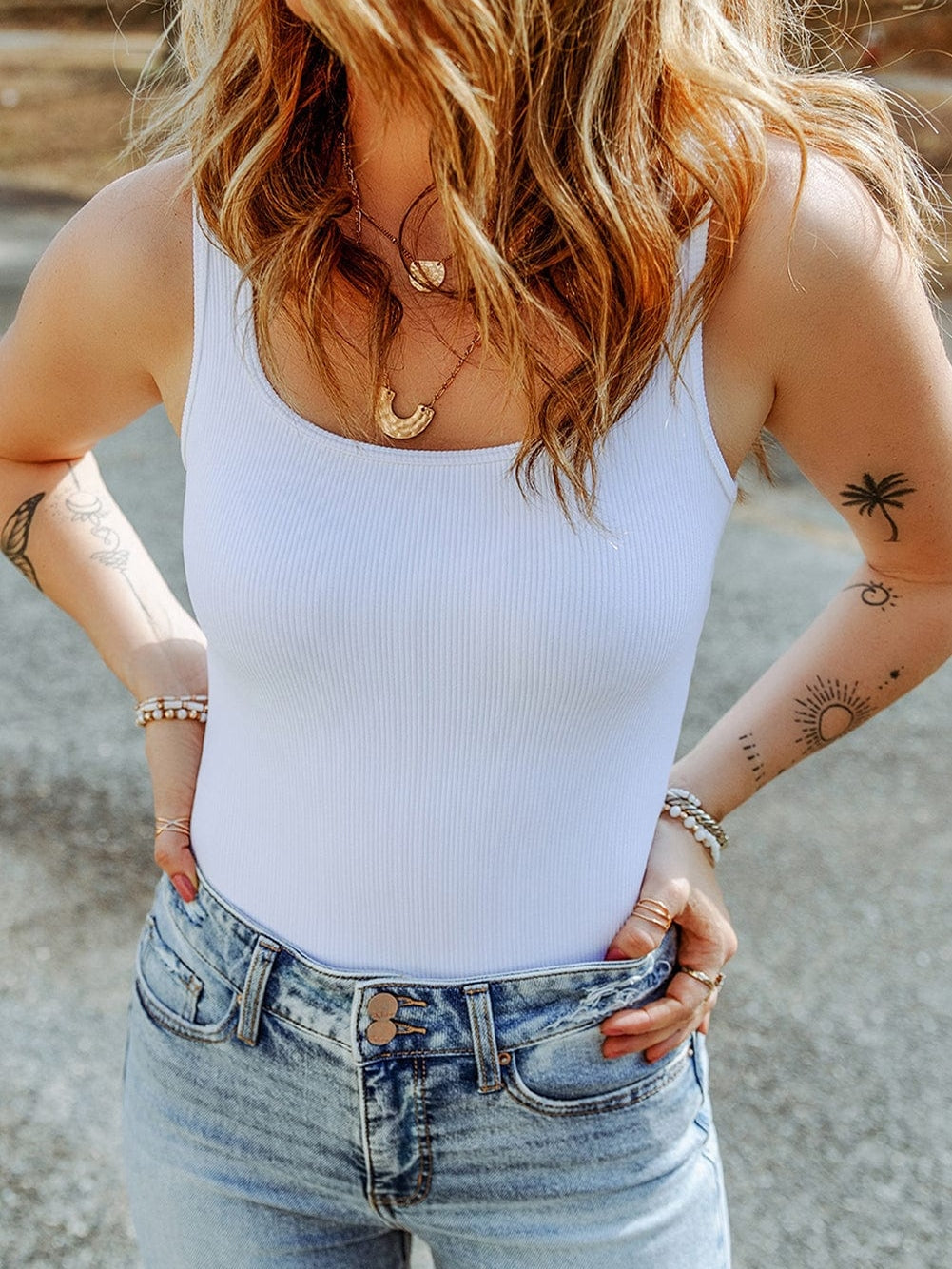 White Ribbed Knit Sleeveless Bodysuit with Square Neck