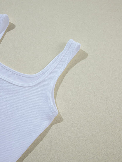 White Ribbed Knit Sleeveless Bodysuit with Square Neck