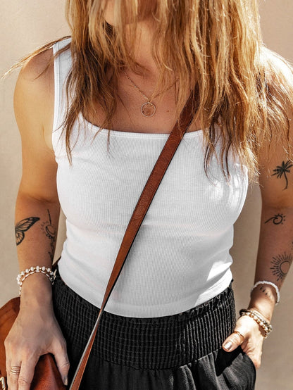 White Ribbed Square Neck Crop Top for Summer Fashion