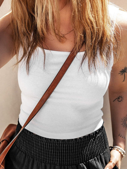White Ribbed Square Neck Crop Top for Summer Fashion
