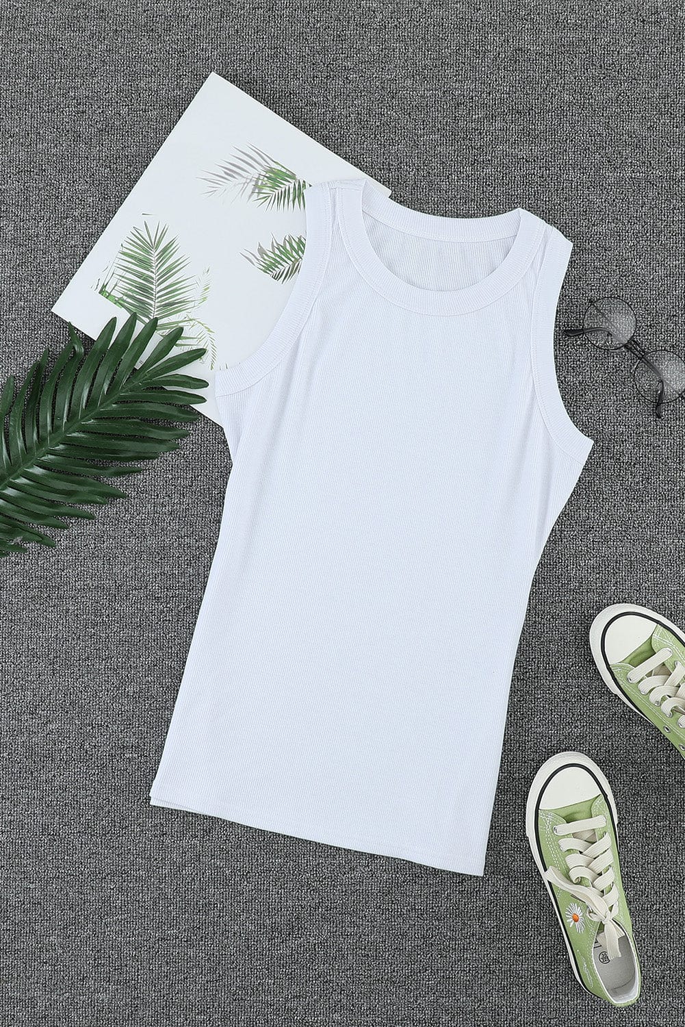 White Ribbed Tank Top with Round Neck
