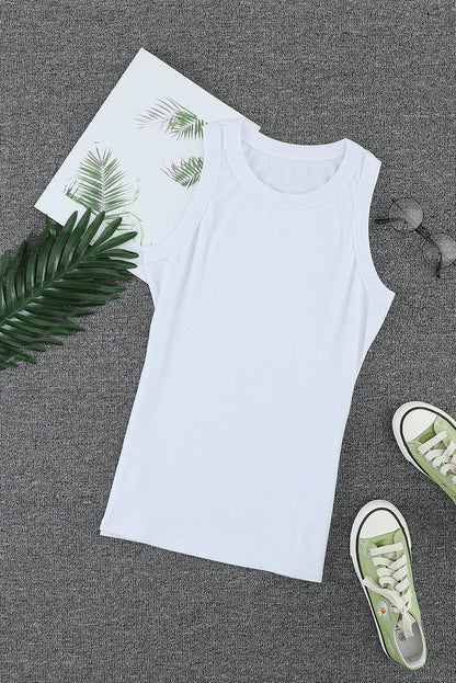 White Ribbed Tank Top with Round Neck
