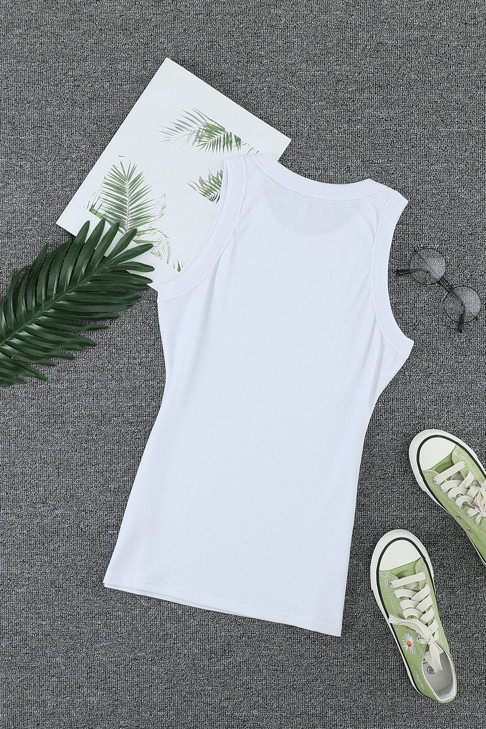 White Ribbed Tank Top with Round Neck
