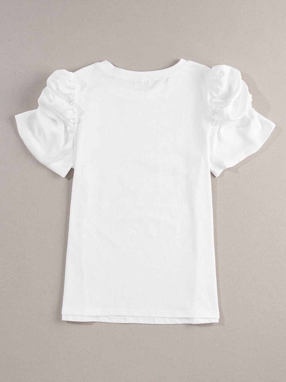 White Ruched Puff Sleeve Round Neck T-Shirt