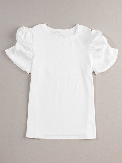 White Ruched Puff Sleeve Round Neck T-Shirt