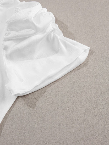 White Ruched Puff Sleeve Round Neck T-Shirt