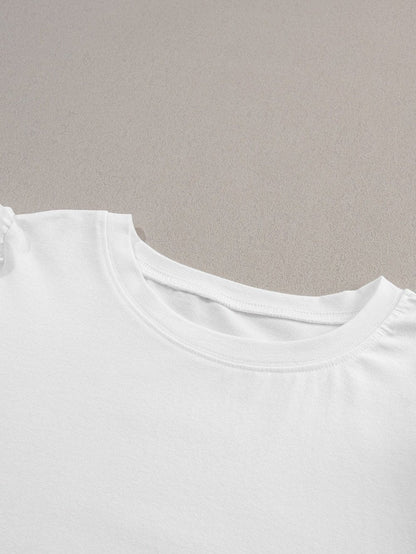 White Ruched Puff Sleeve Round Neck T-Shirt