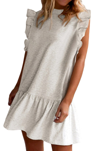 White Ruffle Hem Crew Neck Shift Dress